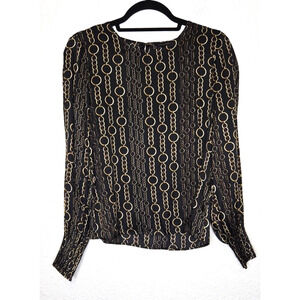 Banana Republic Women Top Small Black Gold Chain Smocked Cuff Long Sleeve Blouse